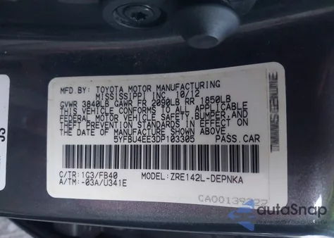 2013 Toyota Corolla Le z USA, uszkodzony, nr VIN 5YFBU4EE3DP103305